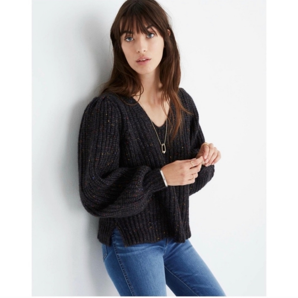 MADEWELL V-Neck Puff-Sleeve Wool Blend Chunky Multi-colored Sweater - Picture 4 of 12